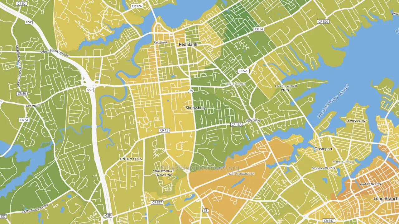 Map of the best neighborhoods in the Shrewsbury area, with better matches in green and worse matches in red