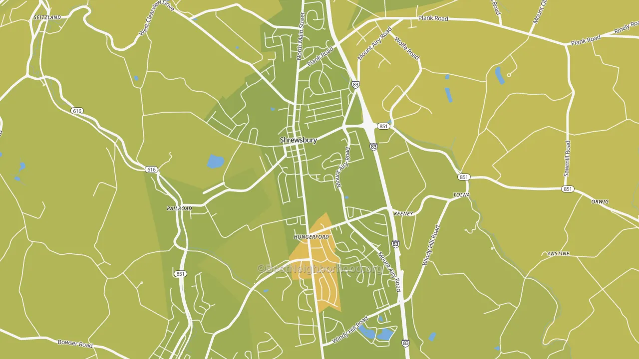 Map of the best neighborhoods in the Shrewsbury area, with better matches in green and worse matches in red
