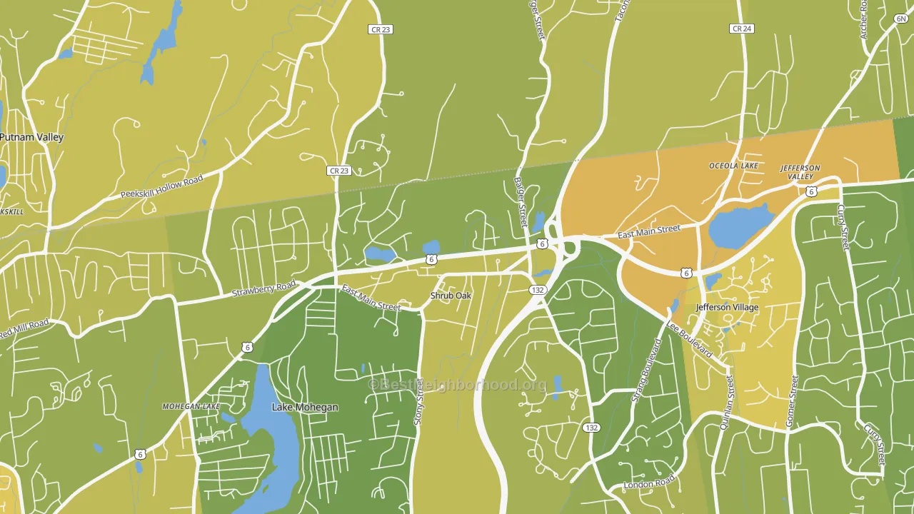Map of the best neighborhoods in the Shrub Oak area, with better matches in green and worse matches in red