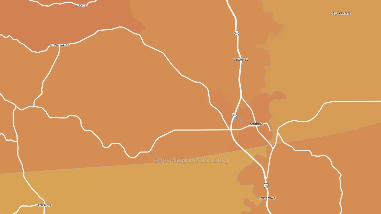 Map of the best neighborhoods in the Shubuta area, with better matches in green and worse matches in red