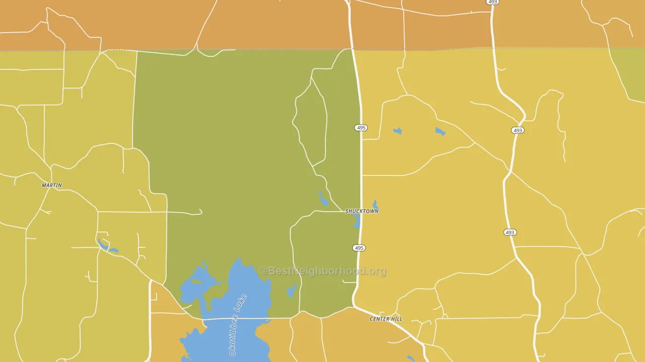 Map of the best neighborhoods in the Shucktown area, with better matches in green and worse matches in red