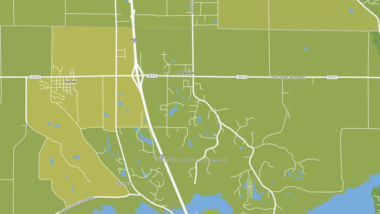 Map of the best neighborhoods in the Shueyville area, with better matches in green and worse matches in red