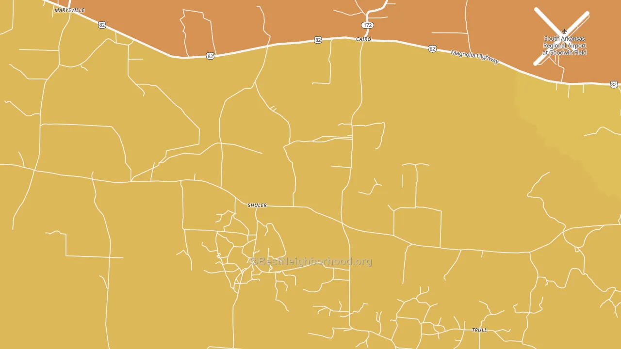 Map of the best neighborhoods in the Shuler area, with better matches in green and worse matches in red