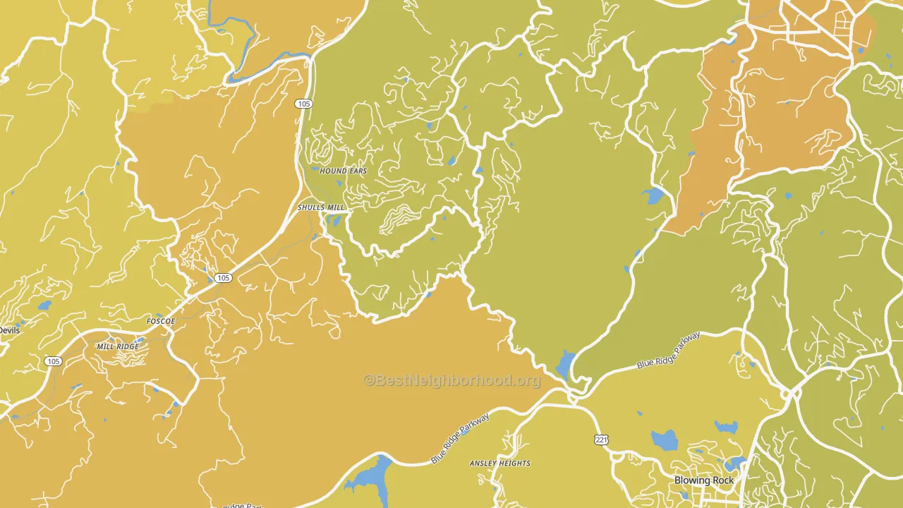 Map of the best neighborhoods in the Shulls Mill area, with better matches in green and worse matches in red