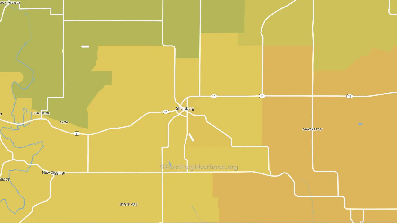 Map of the best neighborhoods in the Shullsburg area, with better matches in green and worse matches in red