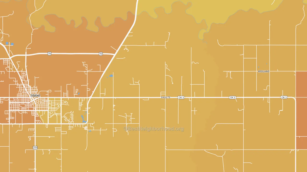 Map of the best neighborhoods in the Shults area, with better matches in green and worse matches in red