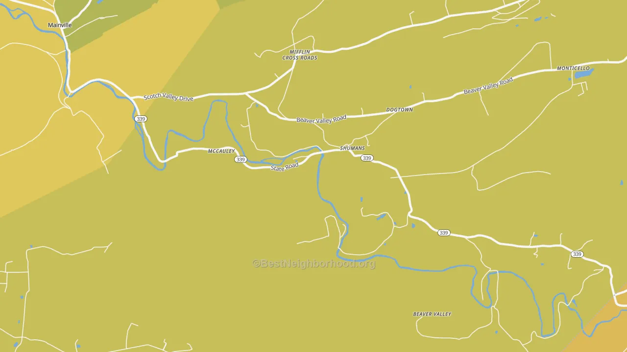 Map of the best neighborhoods in the Shumans area, with better matches in green and worse matches in red