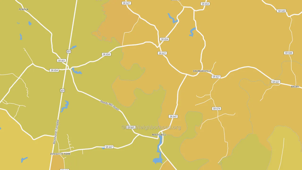 Map of the best neighborhoods in the Shumansville area, with better matches in green and worse matches in red
