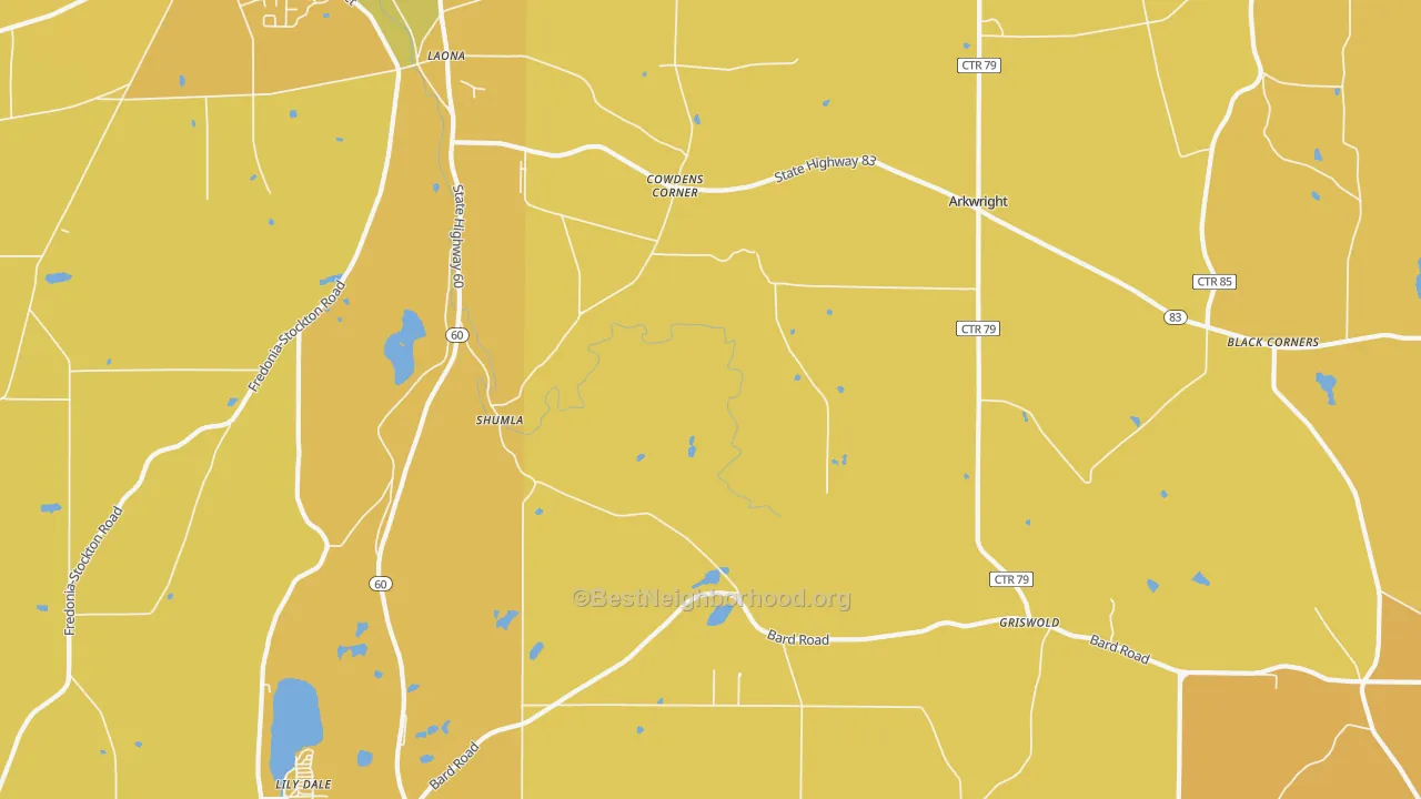 Map of the best neighborhoods in the Shumla area, with better matches in green and worse matches in red