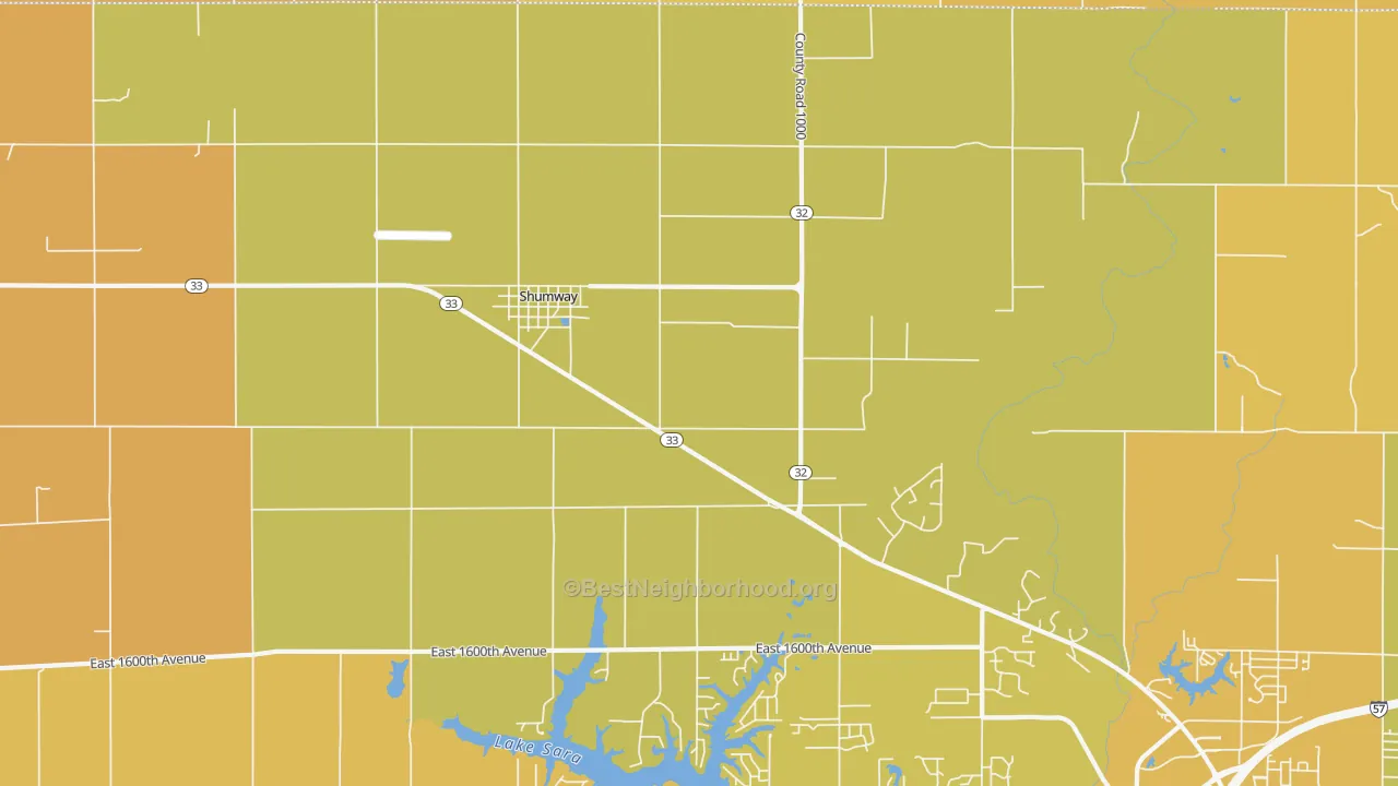 Map of the best neighborhoods in the Shumway area, with better matches in green and worse matches in red