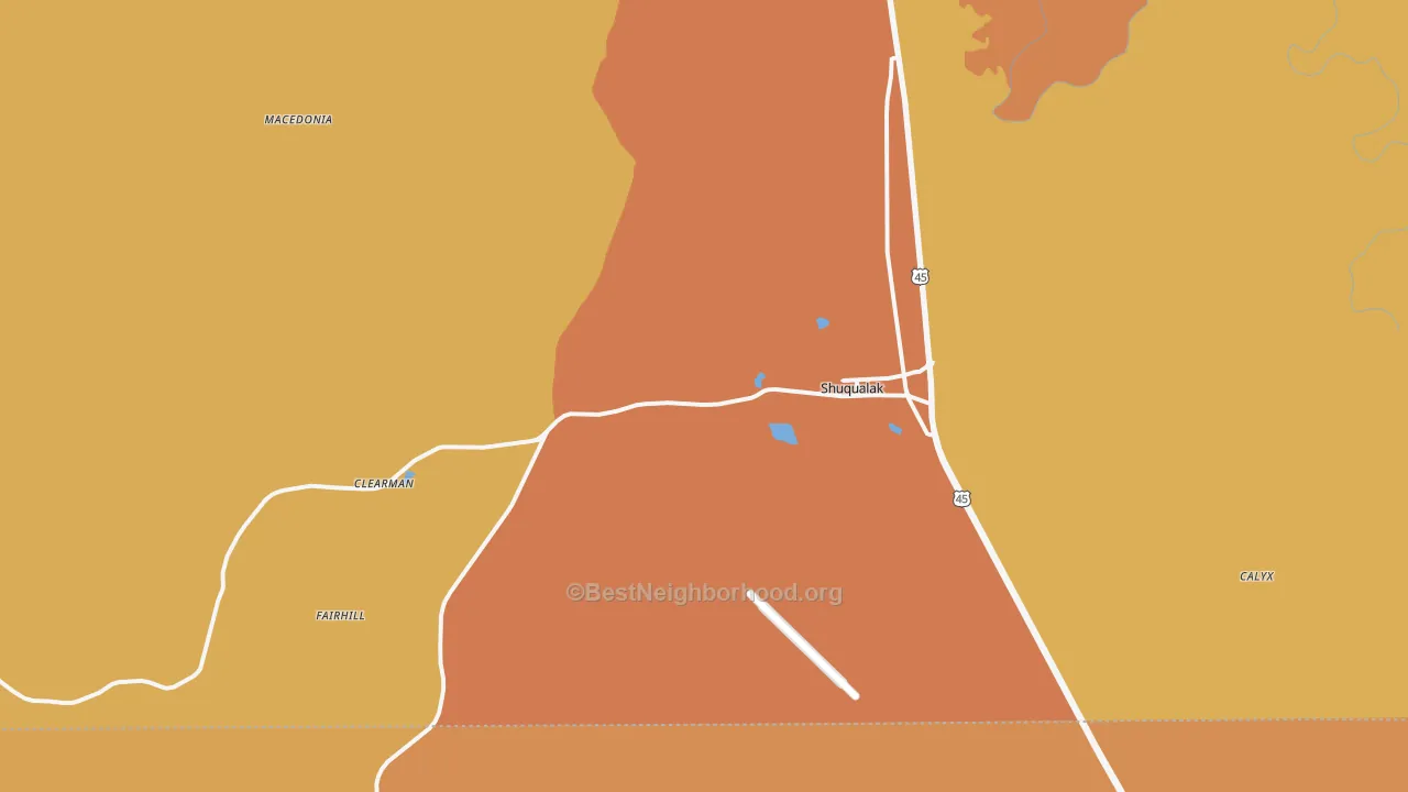 Map of the best neighborhoods in the Shuqualak area, with better matches in green and worse matches in red