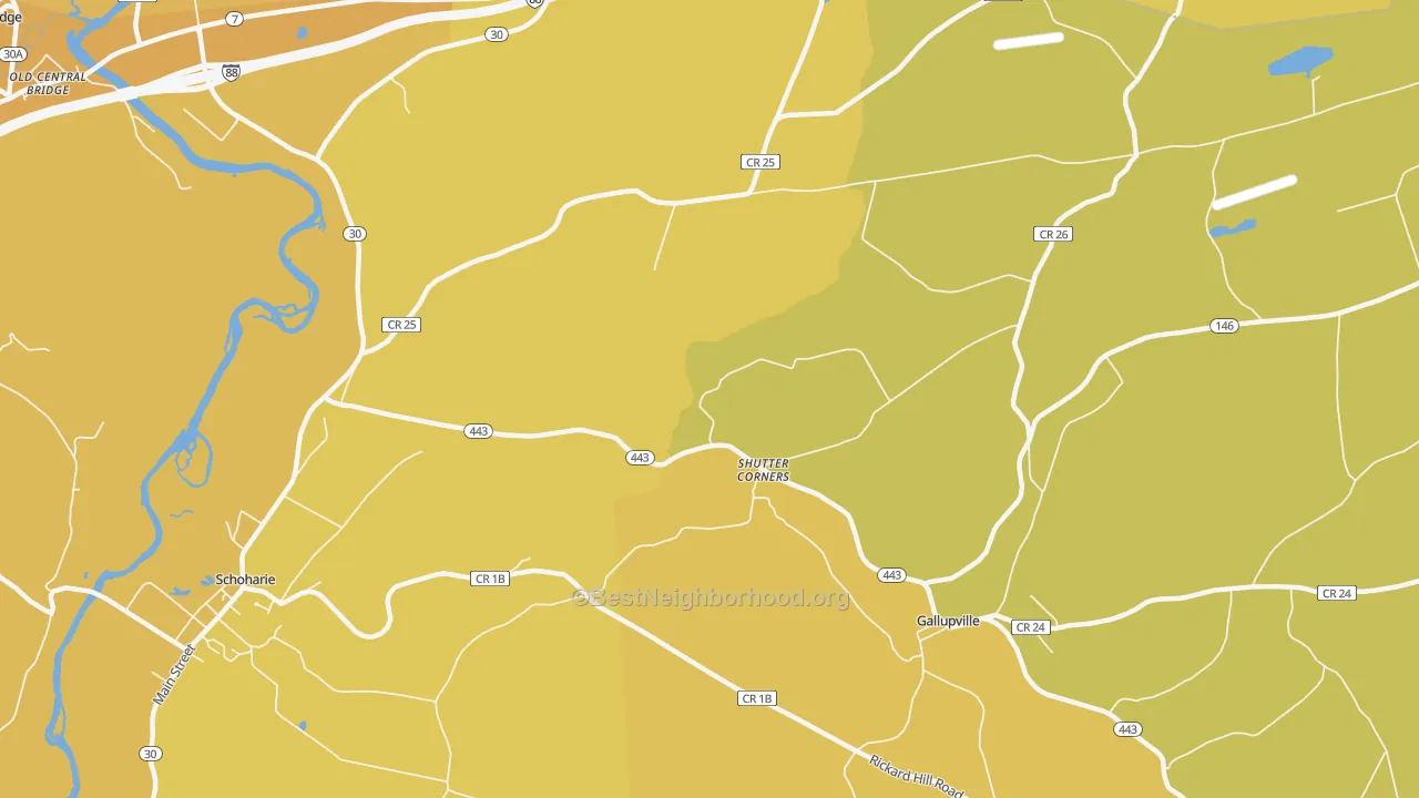 Map of the best neighborhoods in the Shutter Corners area, with better matches in green and worse matches in red