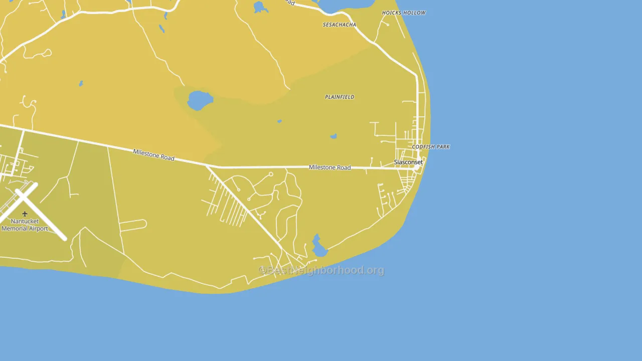 Map of the best neighborhoods in the Siasconset area, with better matches in green and worse matches in red