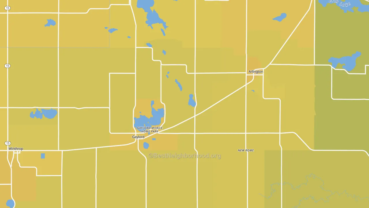 Map of the best neighborhoods in the Sibley County area, with better matches in green and worse matches in red
