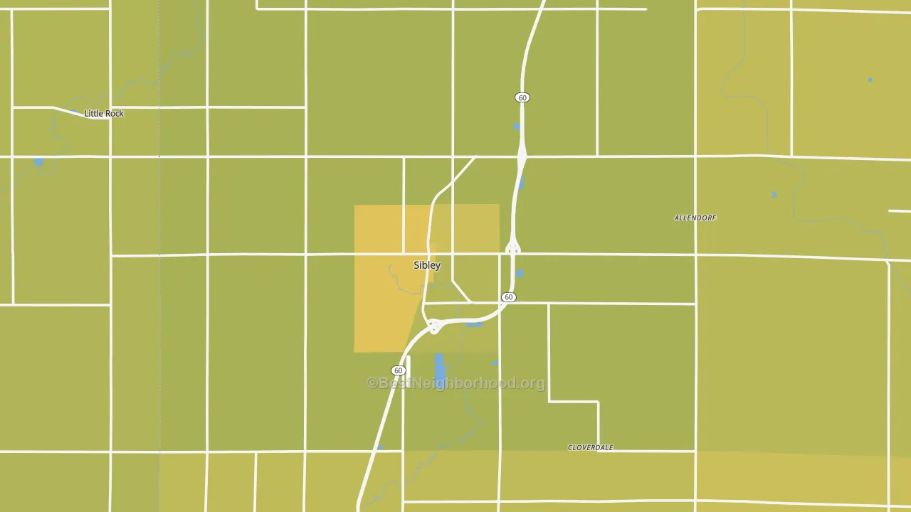 Map of the best neighborhoods in the Sibley area, with better matches in green and worse matches in red