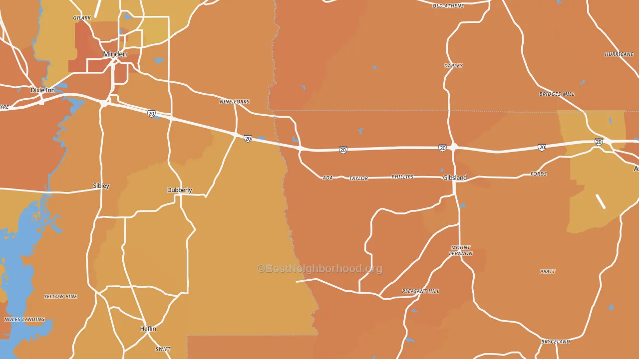 Map of the best neighborhoods in the Sibley area, with better matches in green and worse matches in red