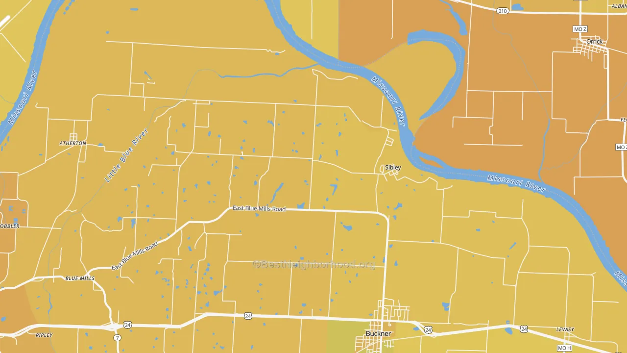 Map of the best neighborhoods in the Sibley area, with better matches in green and worse matches in red