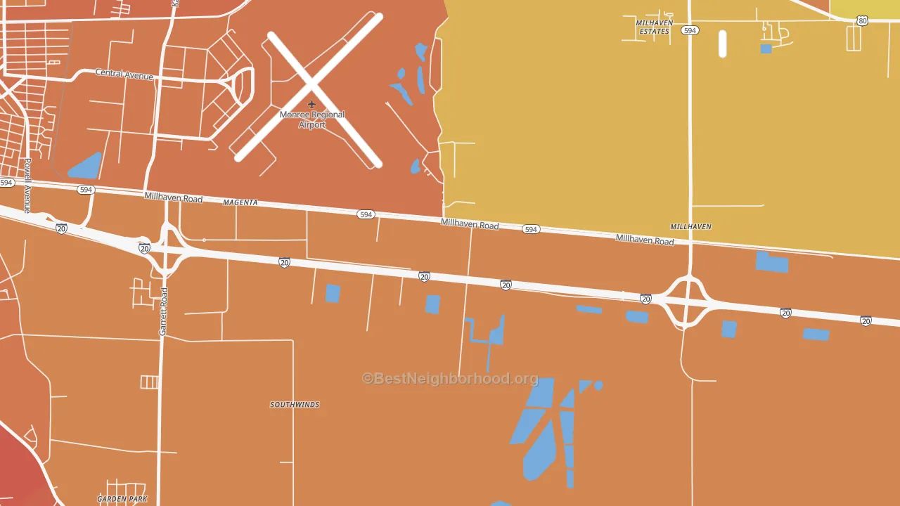 Map of the best neighborhoods in the Sicard area, with better matches in green and worse matches in red