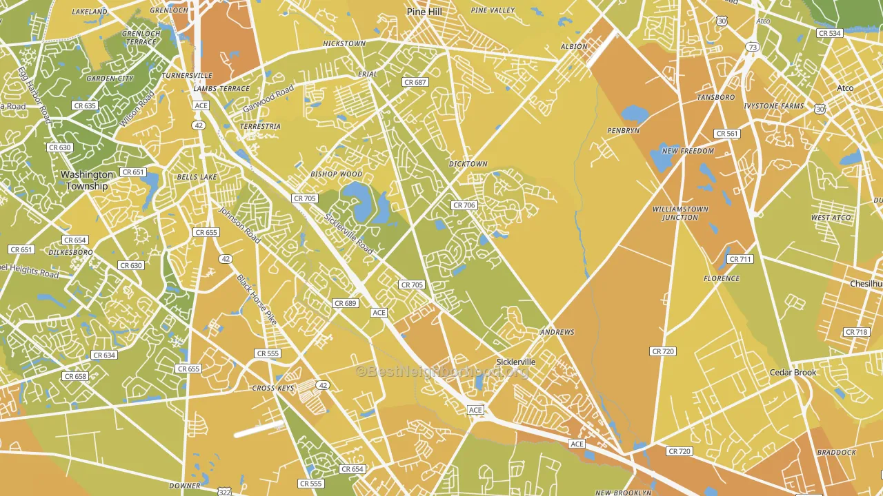 Map of the best neighborhoods in the Sicklerville area, with better matches in green and worse matches in red
