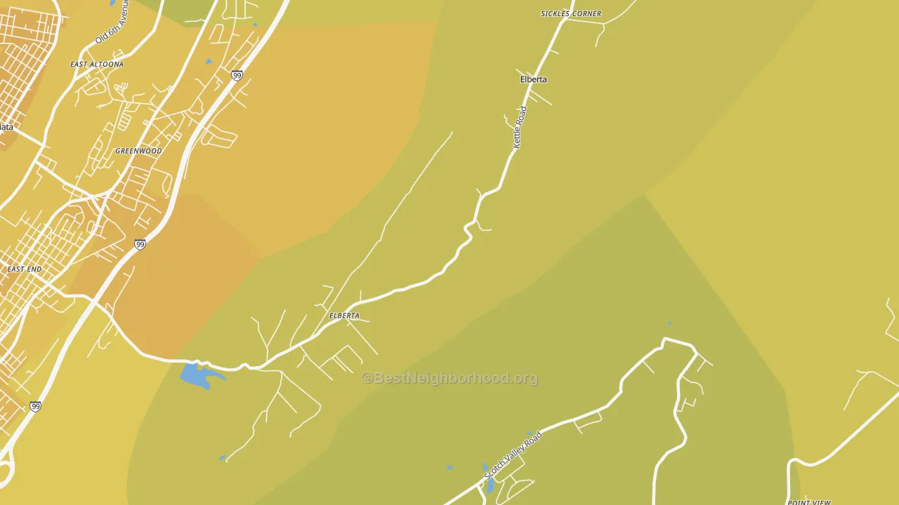 Map of the best neighborhoods in the Sickles Corner area, with better matches in green and worse matches in red