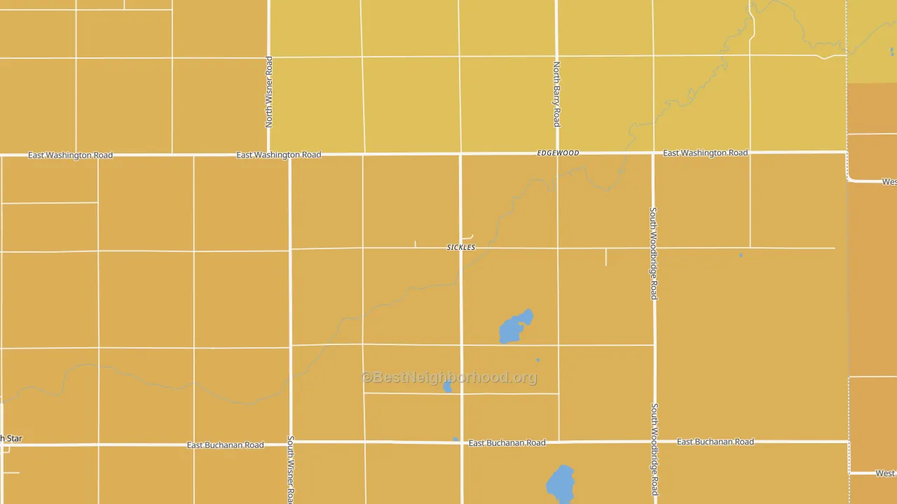 Map of the best neighborhoods in the Sickles area, with better matches in green and worse matches in red