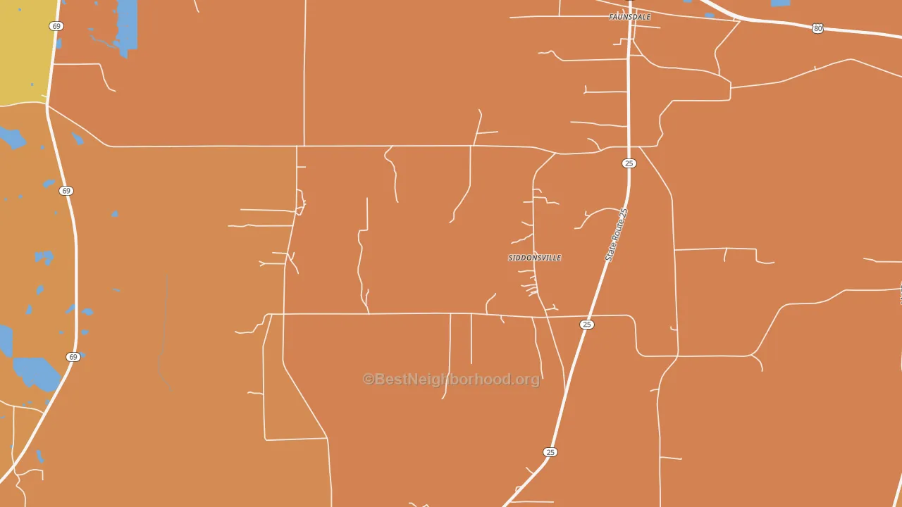 Map of the best neighborhoods in the Siddonsville area, with better matches in green and worse matches in red