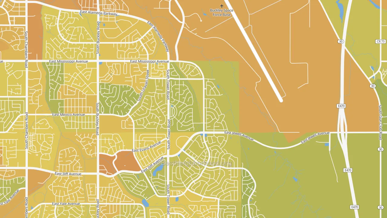 Map of the best neighborhoods in the Side Creek, Aurora area, with better matches in green and worse matches in red