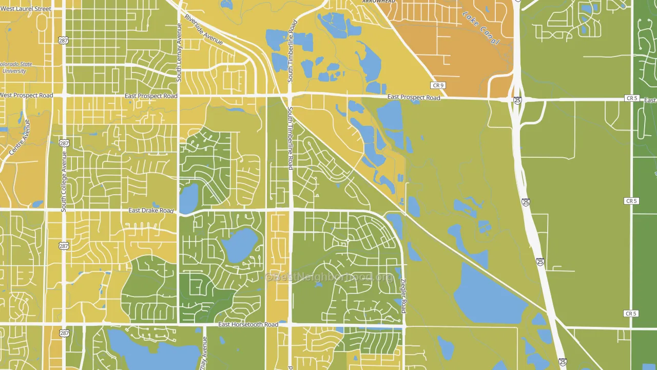 Map of the best neighborhoods in the Side Hill, Fort Collins area, with better matches in green and worse matches in red