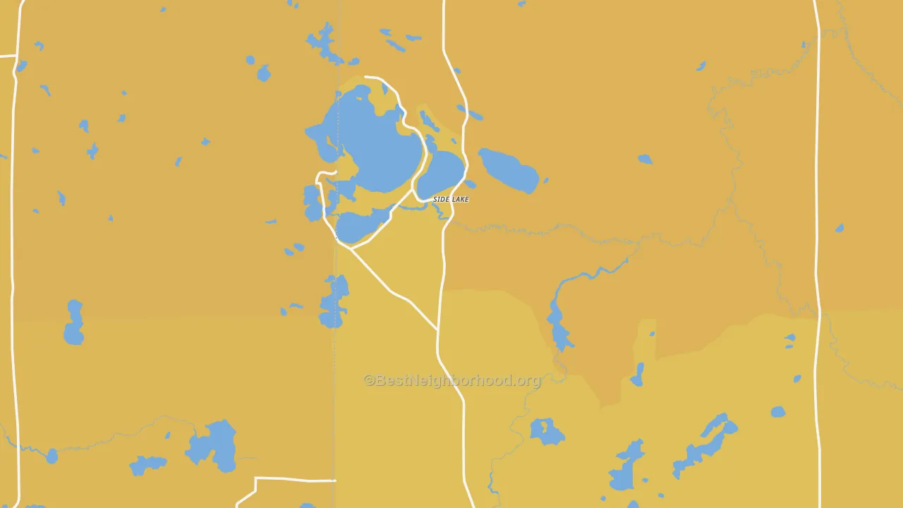 Map of the best neighborhoods in the Side Lake area, with better matches in green and worse matches in red