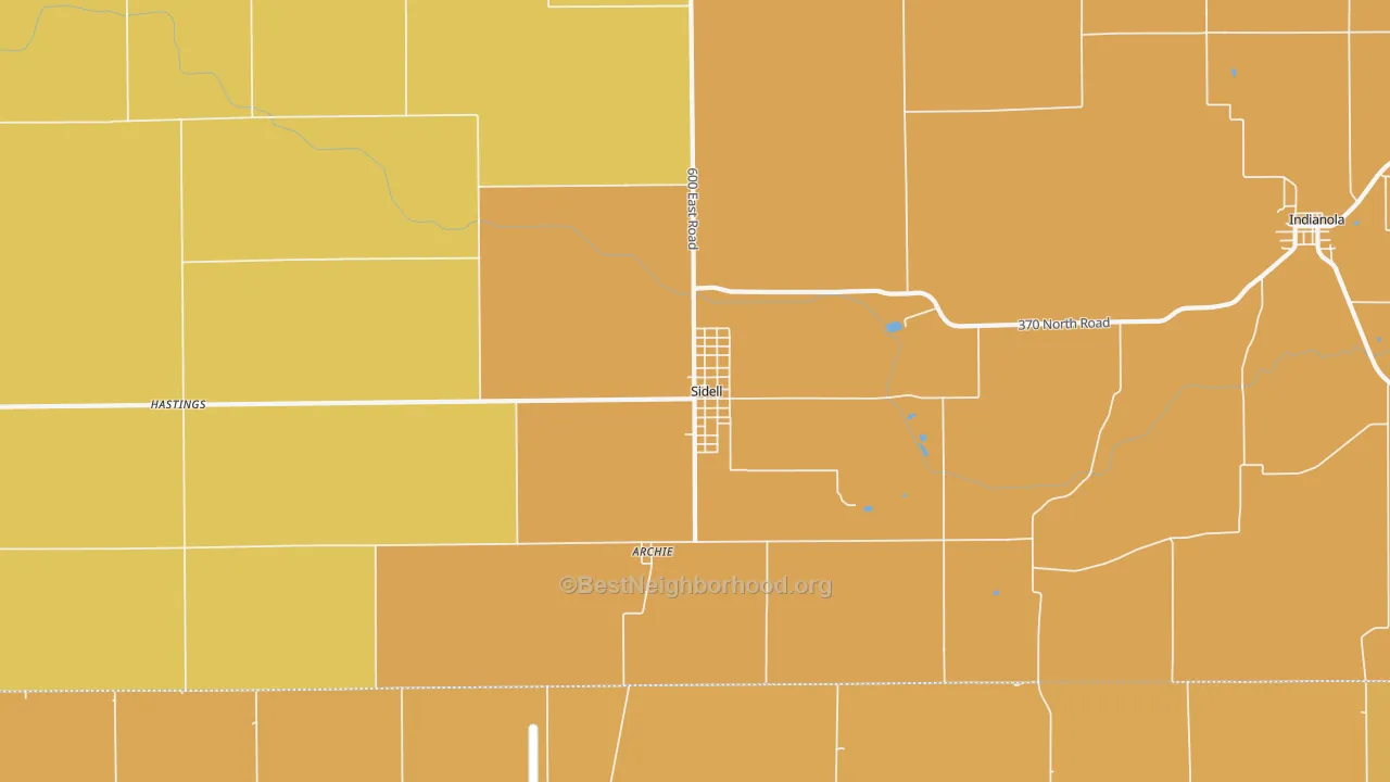 Map of the best neighborhoods in the Sidell area, with better matches in green and worse matches in red