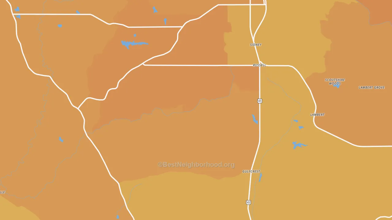 Map of the best neighborhoods in the Sidney area, with better matches in green and worse matches in red