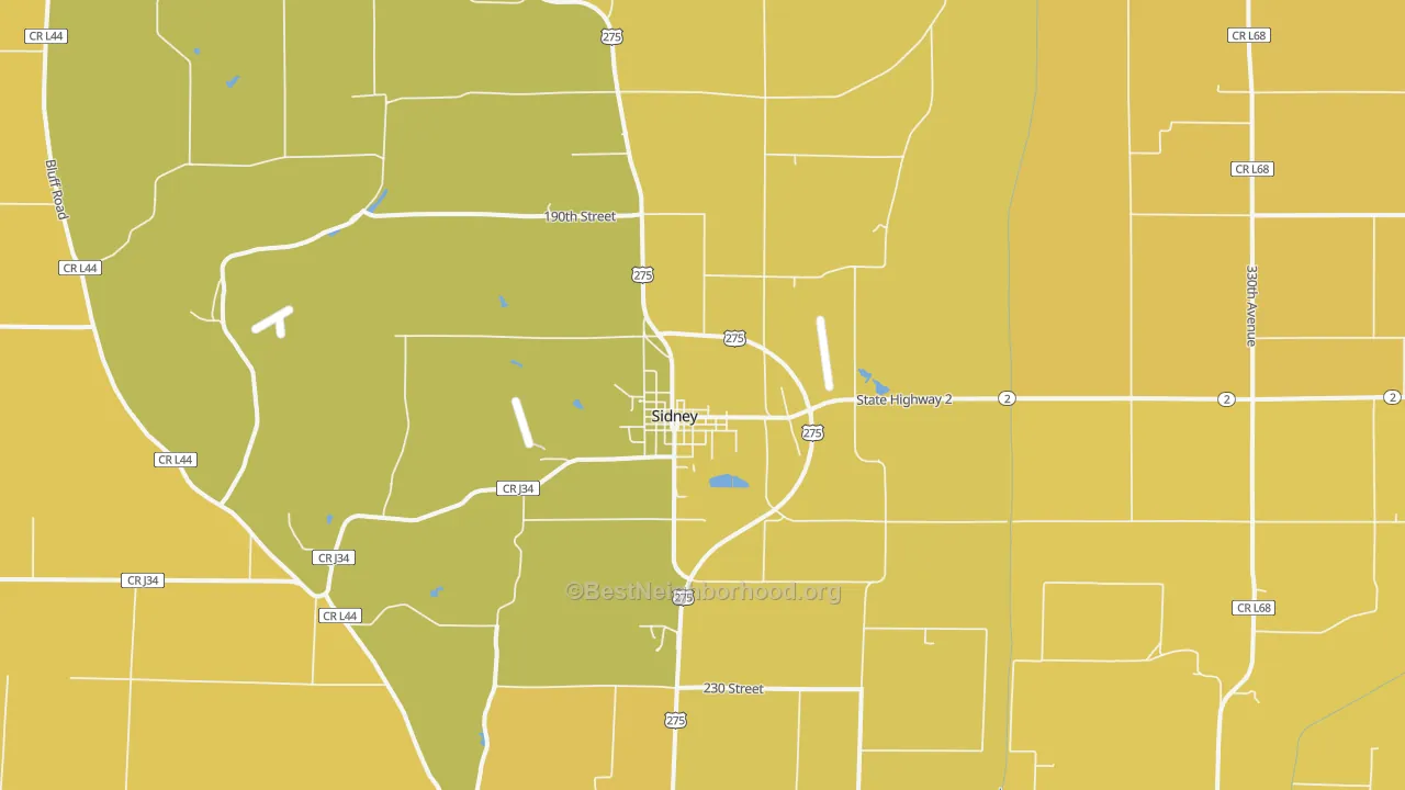 Map of the best neighborhoods in the Sidney area, with better matches in green and worse matches in red