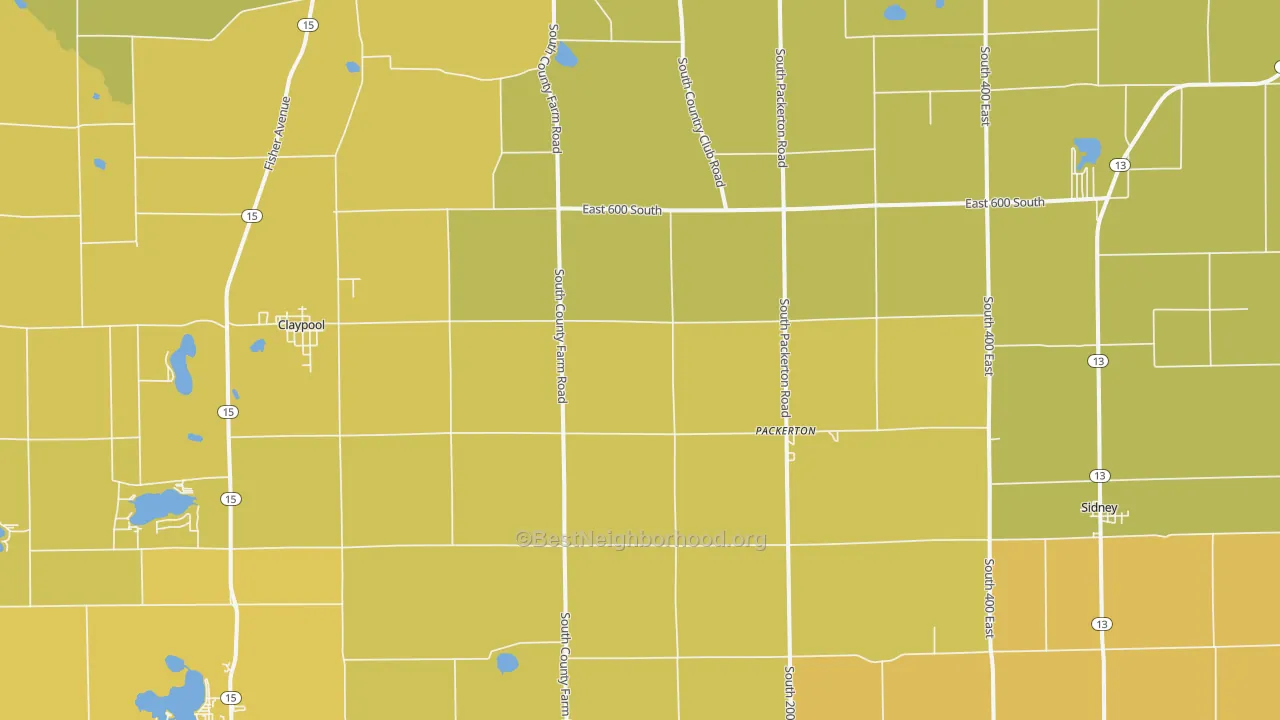 Map of the best neighborhoods in the Sidney area, with better matches in green and worse matches in red