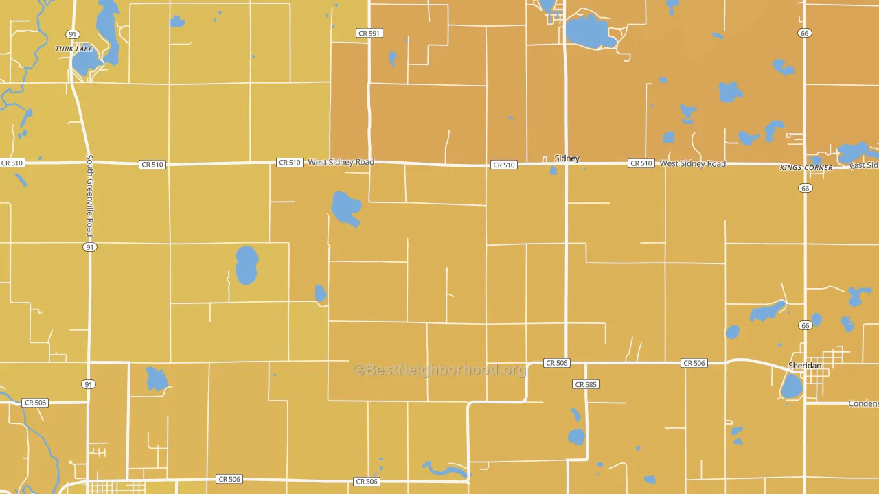 Map of the best neighborhoods in the Sidney area, with better matches in green and worse matches in red