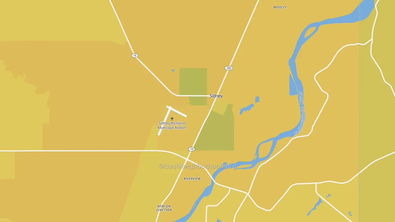 Map of the best neighborhoods in the Sidney area, with better matches in green and worse matches in red