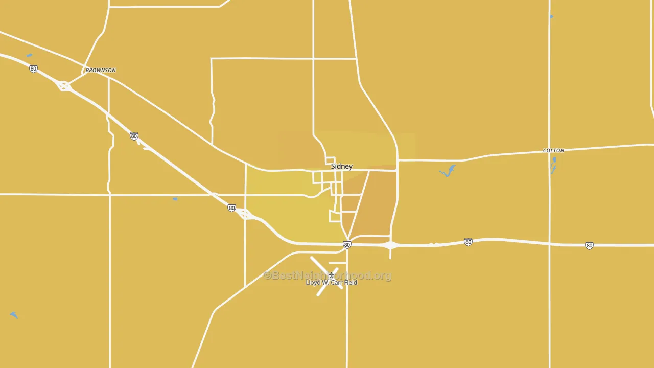 Map of the best neighborhoods in the Sidney area, with better matches in green and worse matches in red