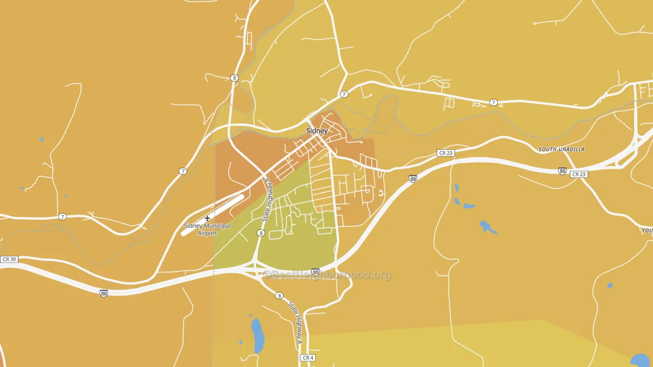 Map of the best neighborhoods in the Sidney area, with better matches in green and worse matches in red