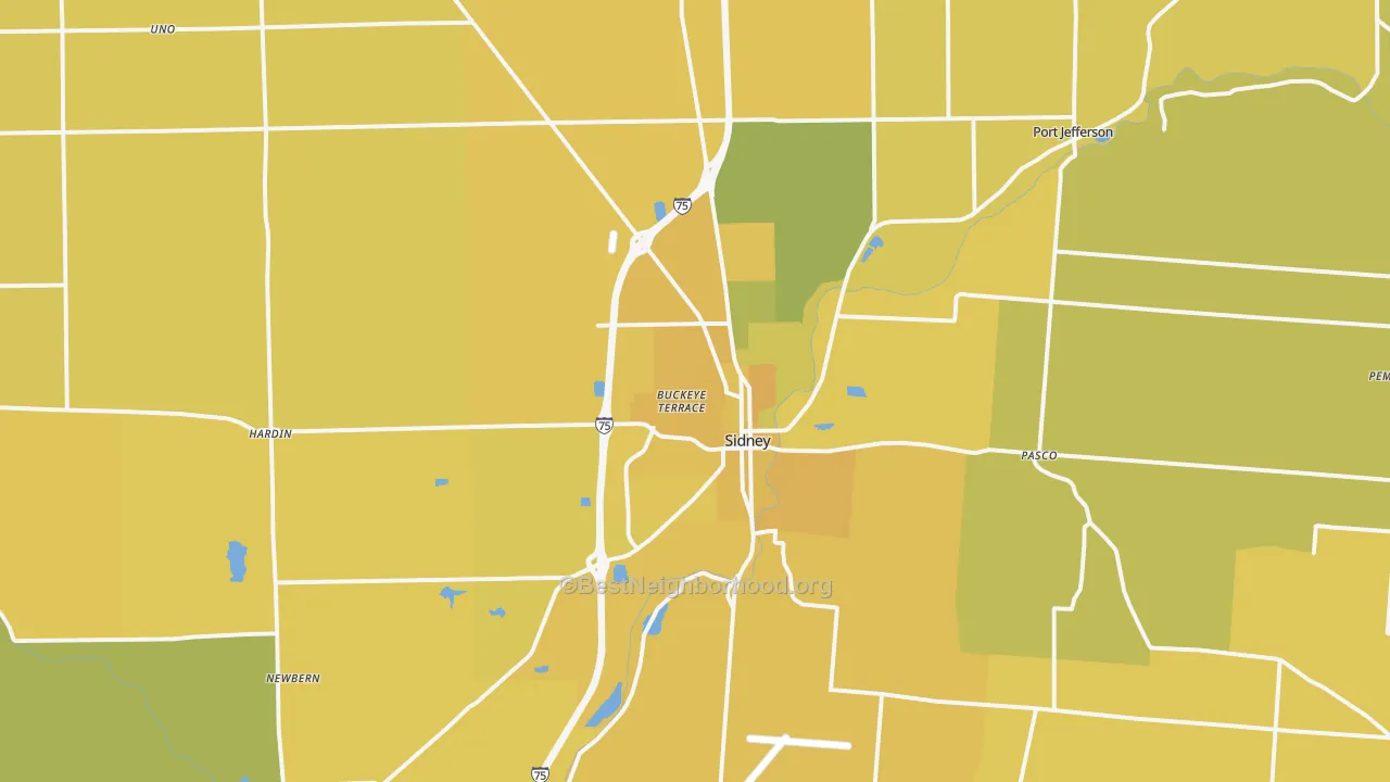 Map of the best neighborhoods in the Sidney area, with better matches in green and worse matches in red