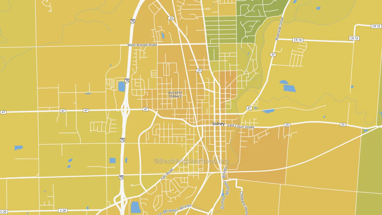 Map of the best neighborhoods in the Sidney Walnut Avenue Historic District, Sidney area, with better matches in green and worse matches in red