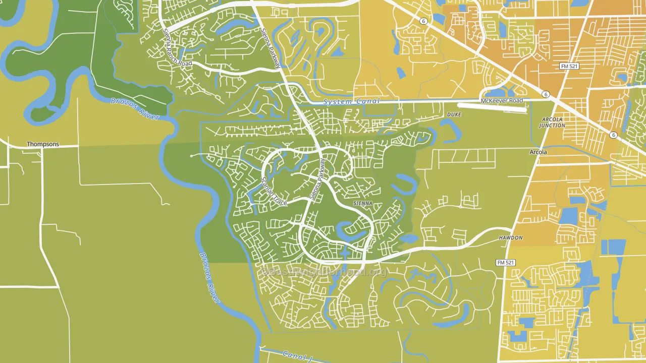 Map of the best neighborhoods in the Sienna Plantation area, with better matches in green and worse matches in red