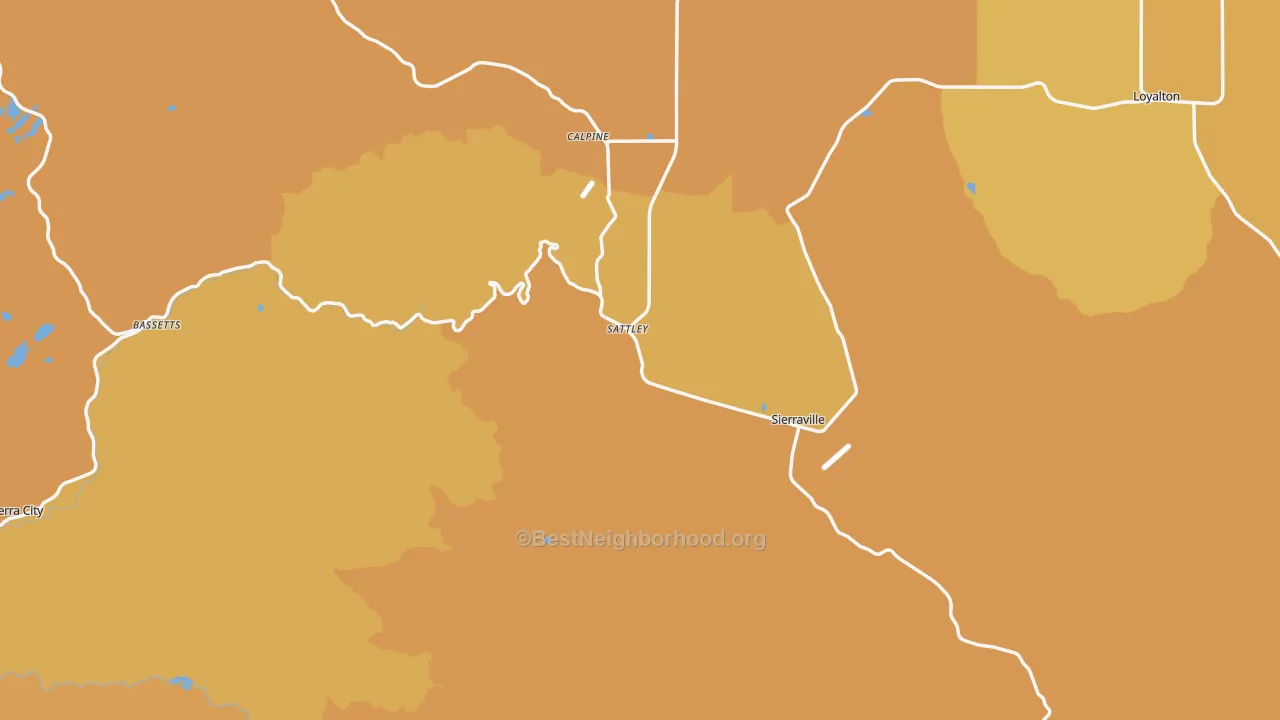 Map of the best neighborhoods in the Sierra County area, with better matches in green and worse matches in red