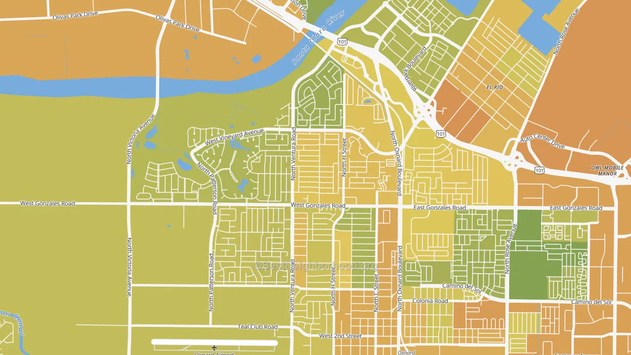 Map of the best neighborhoods in the Sierra Linda, Oxnard area, with better matches in green and worse matches in red