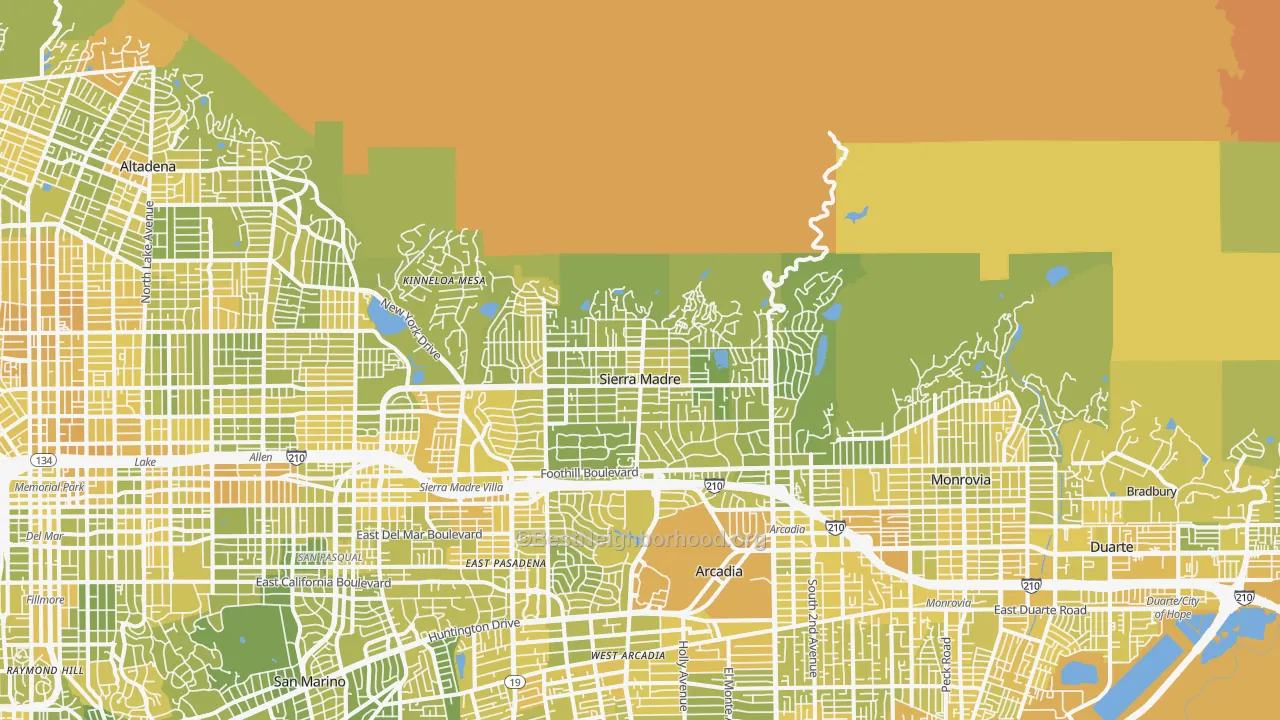 Map of the best neighborhoods in the Sierra Madre area, with better matches in green and worse matches in red