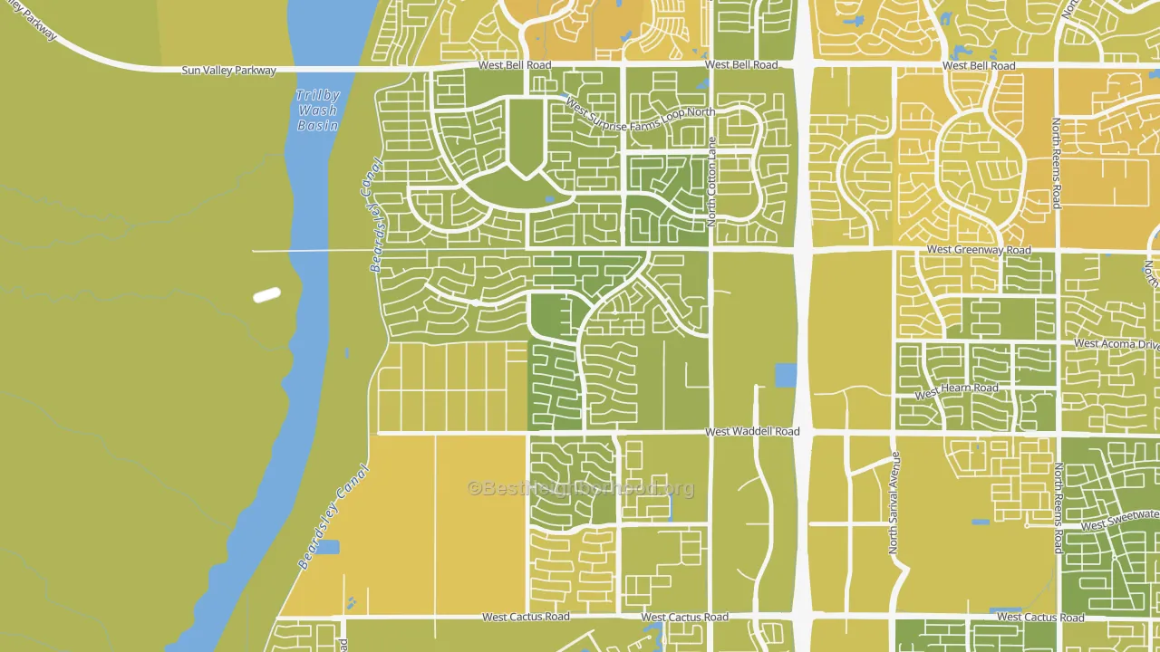 Map of the best neighborhoods in the Sierra Montana, Surprise area, with better matches in green and worse matches in red