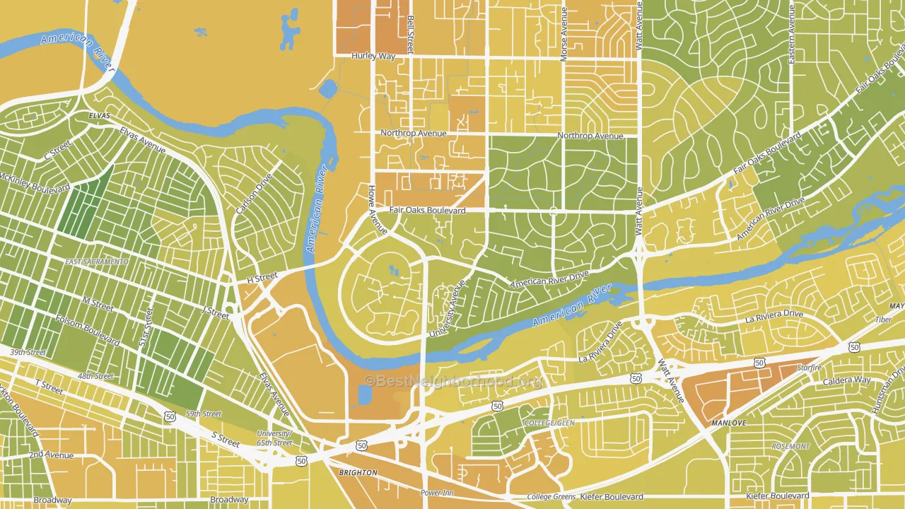 Map of the best neighborhoods in the Sierra Oaks, Sacramento area, with better matches in green and worse matches in red