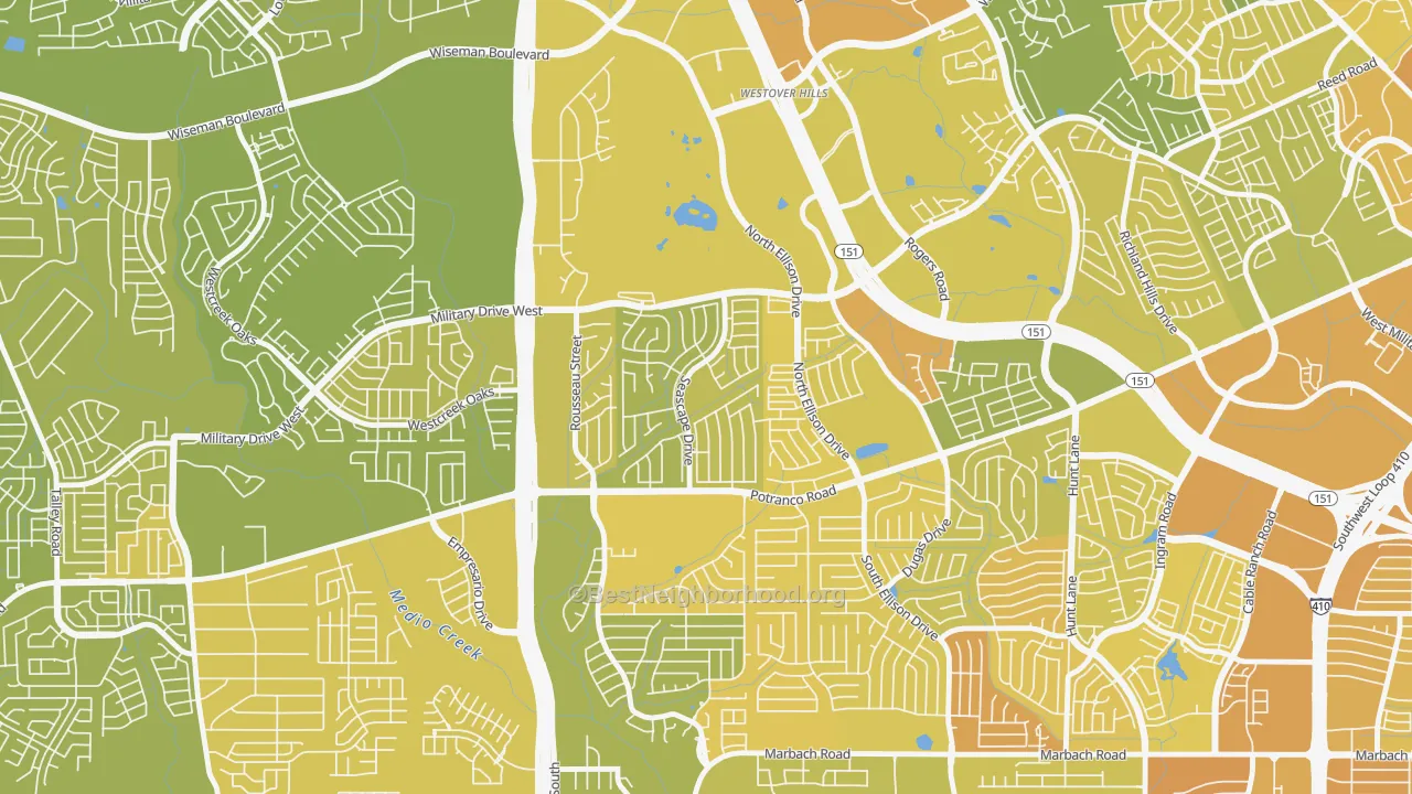 Map of the best neighborhoods in the Sierra Springs, San Antonio area, with better matches in green and worse matches in red