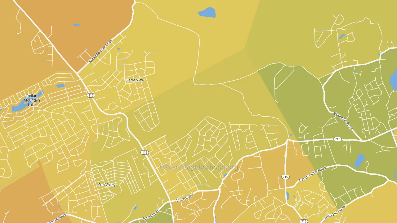 Map of the best neighborhoods in the Sierra View area, with better matches in green and worse matches in red