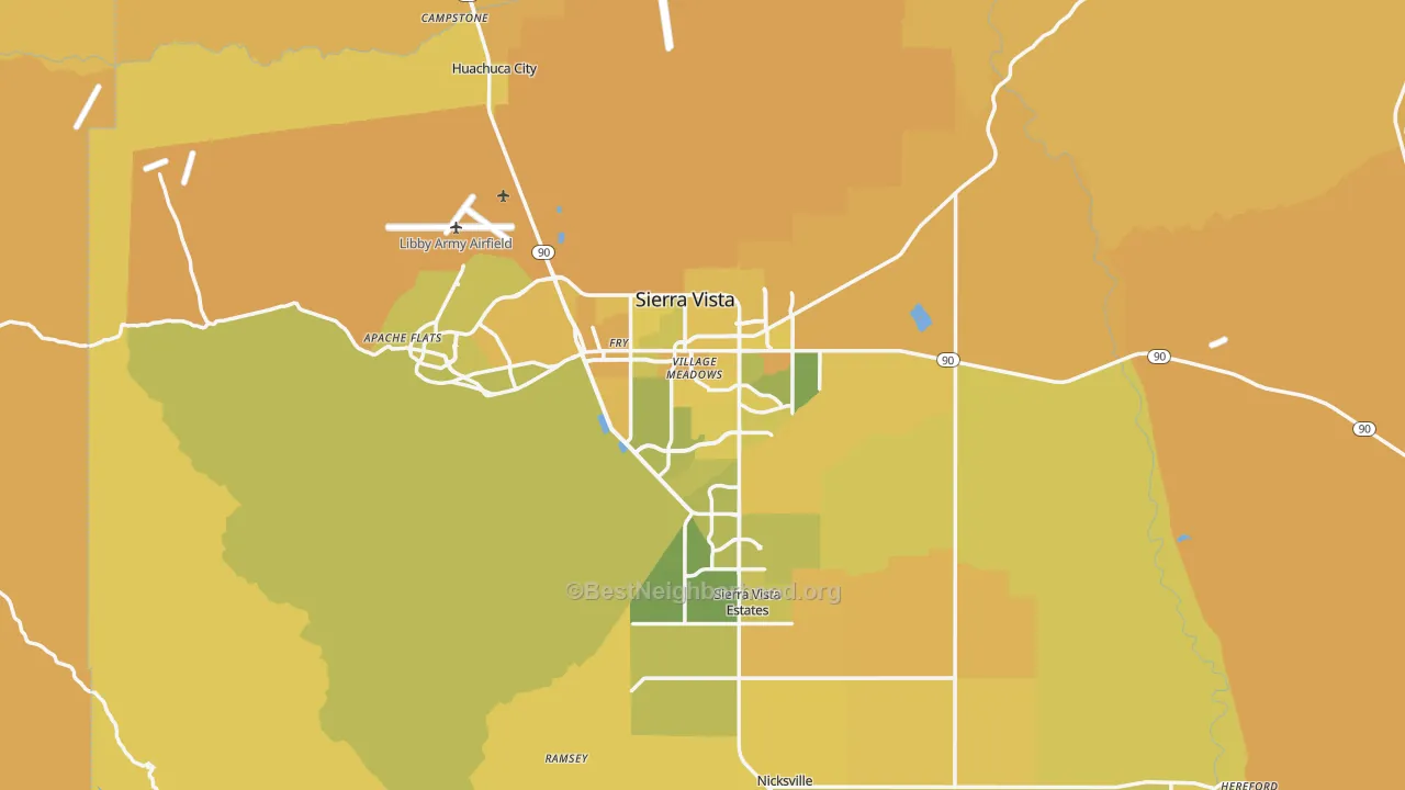 Map of the best neighborhoods in the Sierra Vista Metro area, with better matches in green and worse matches in red