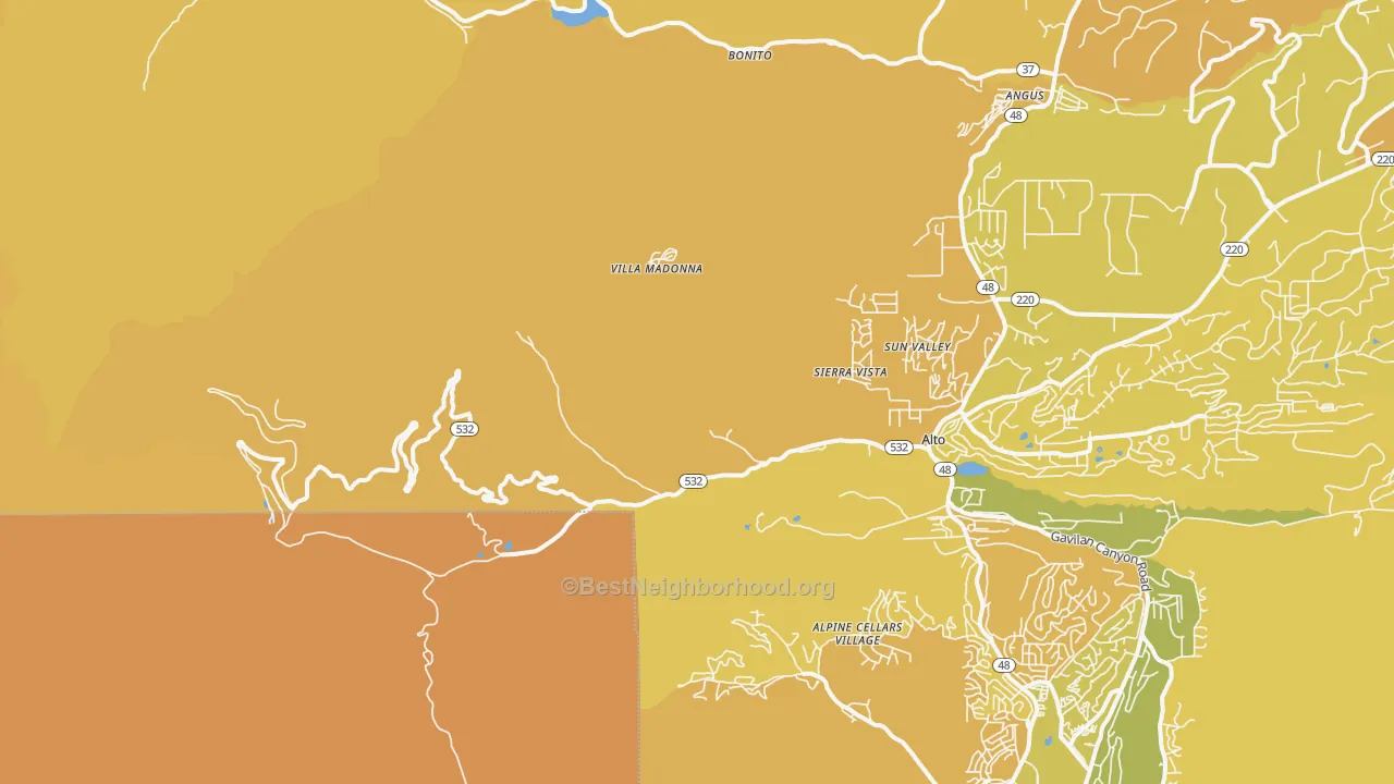 Map of the best neighborhoods in the Sierra Vista area, with better matches in green and worse matches in red