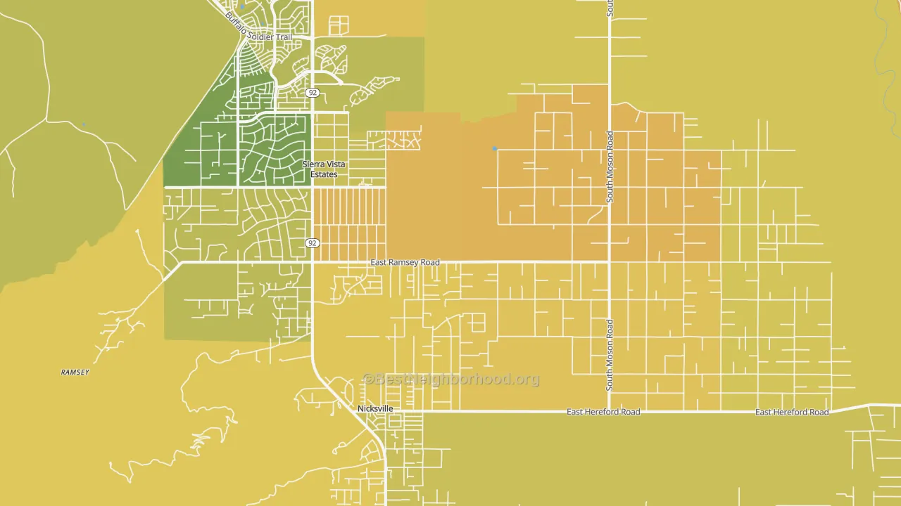 Map of the best neighborhoods in the Sierra Vista Southeast area, with better matches in green and worse matches in red